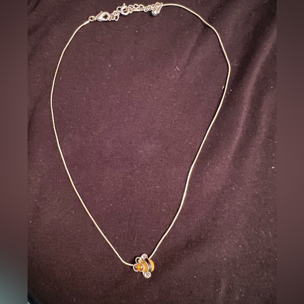 Silver Honeybee BumblebeeYellow/orange Rhinestone Necklace w/double clip chain